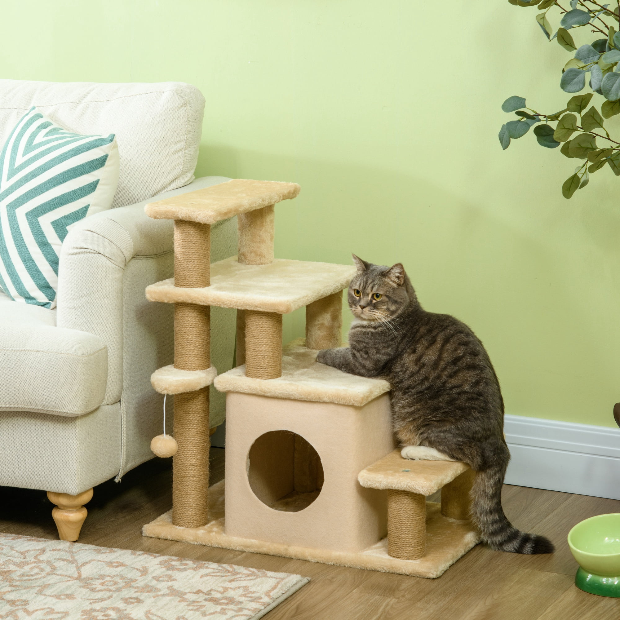 PawHut Pet Stairs, Adjustable Height 3 Step/4 Step Cat Steps with Jute Cat Scratching Post, Cat Condo, Toy Ball, for High Bed, Sofa, Couch, Beige