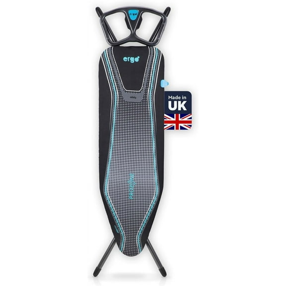 Minky Ergo Prozone Ironing Board , Made in UK , Dual Iron Rest, Heat Reflective Cover, Thick Felt Underlay - Freestanding Ironing Board with Large 48" x 15" Ironing Surface (Gunmetal and Blue)