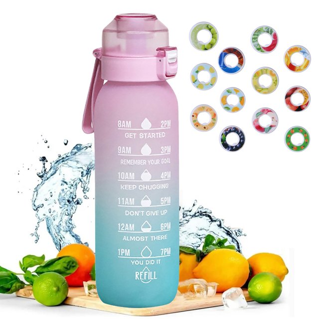Botella de 1 litro, juego de botella de agua actualizada con pajita para beber de 12 cápsulas, sin azúcar, botella de agua para exteriores gratis