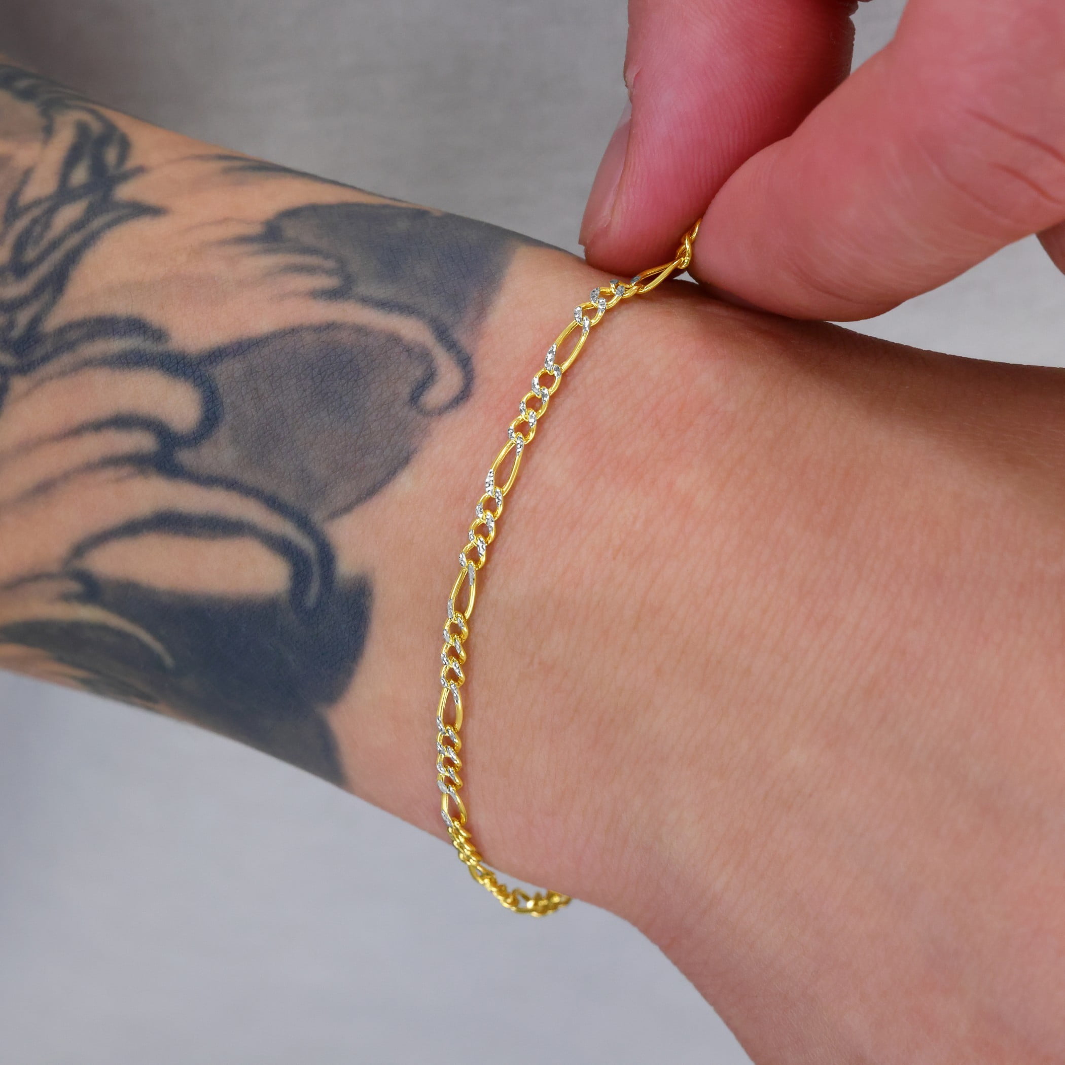 Nuragold 10k Real Yellow Gold Figaro Link 2.5mm Diamond Cut Two Tone Pave Chain Bracelet or Anklet (7"-9") Italian Jewelry for Men & Women