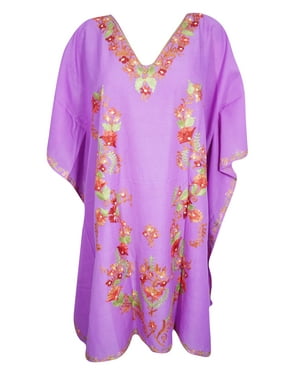 Mogul Womens Purple Short Kaftan Dress Floral Embellished Cover Up Caftan One Size