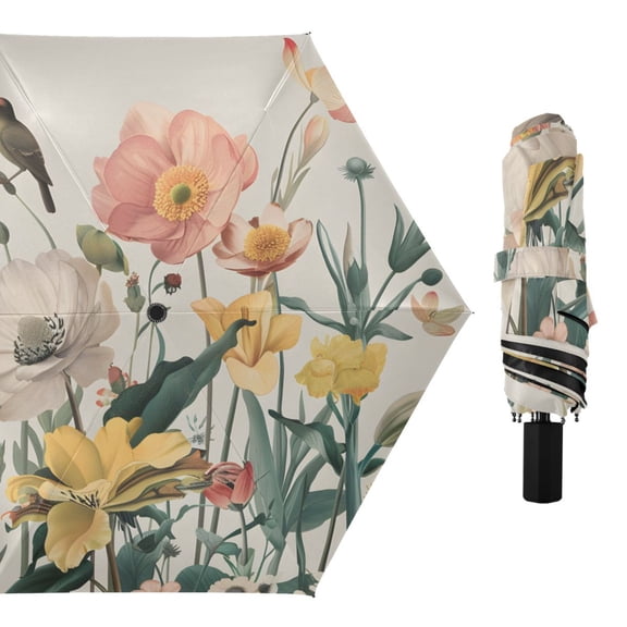 Flowers with Bird Compact Sun Umbrella Windproof Travel Umbrellas for Rain Strong Portable UV Protection