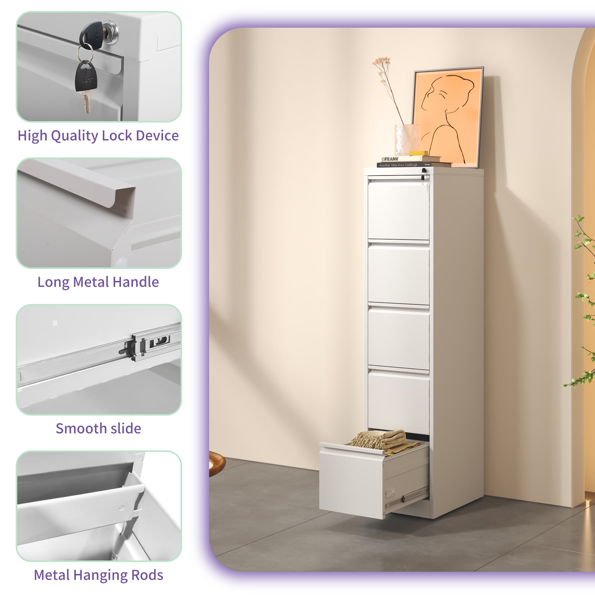 5 Drawer Metal Vertical File Cabinet with Lock Office Home Steel Vertical File Cabinet for A4 Legal/Letter Size
