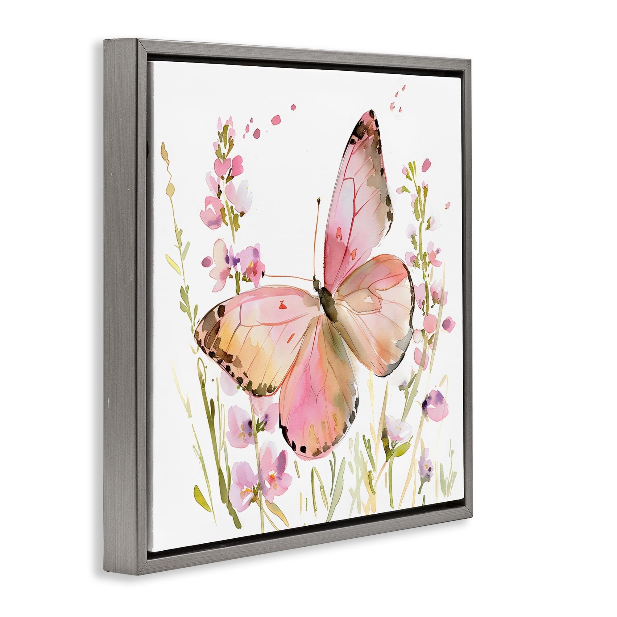Stupell Industries Colorful Spring Butterfly Pink Gray Framed Floater Canvas Wall Art, design by Creative Studio