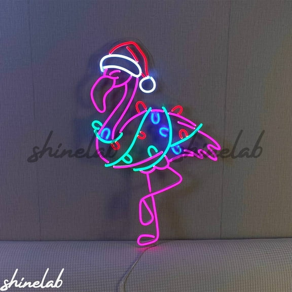 Shinelab Flamingo with Santa Hat LED Neon Sign, Christmas Neon Sign, Christmas Decor