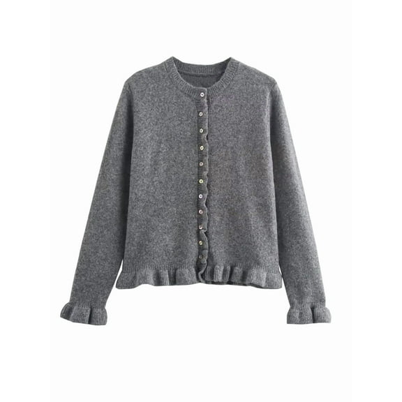 Women'S Cropped Cardigan Sweater Trendy Crewneck Ruffle Long Sleeve Button Down Knitwear Tops Grey S