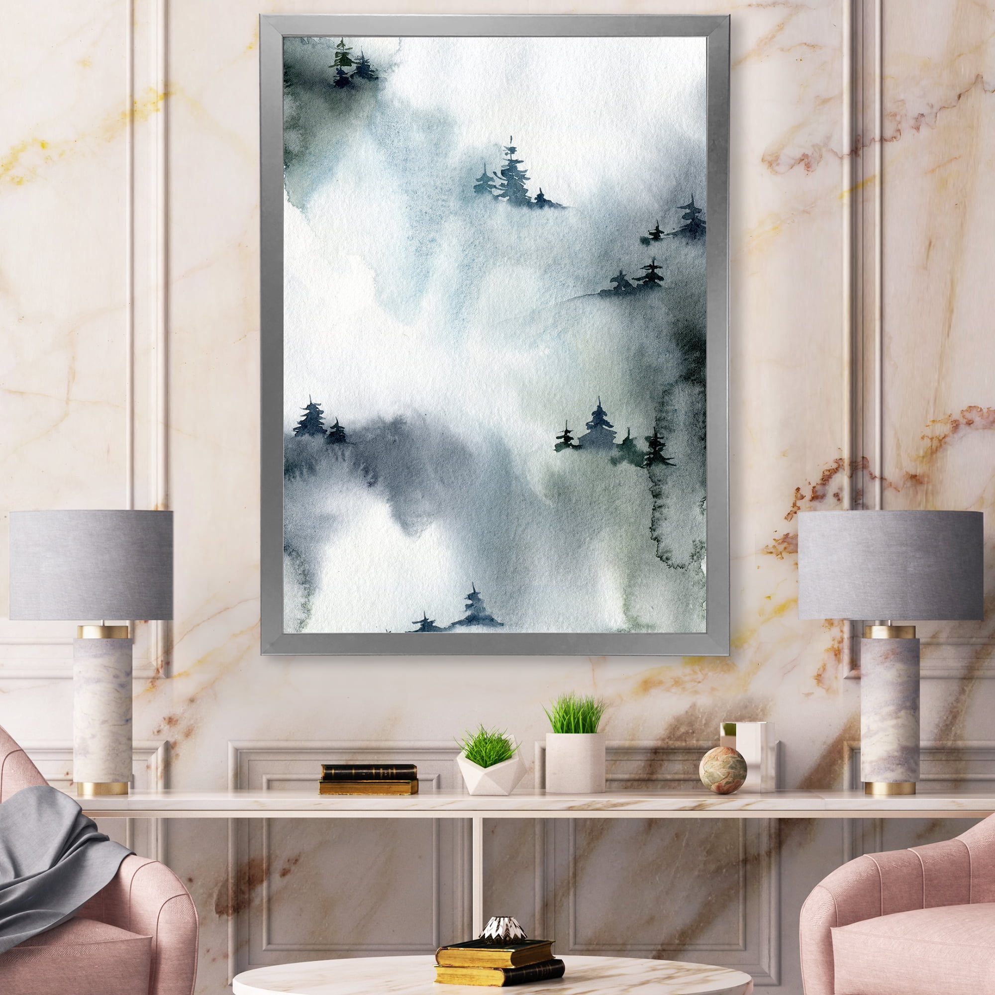 Designart 'Minimalistic Snowy Fir Trees With Winter Forest' Modern Framed Art Print
