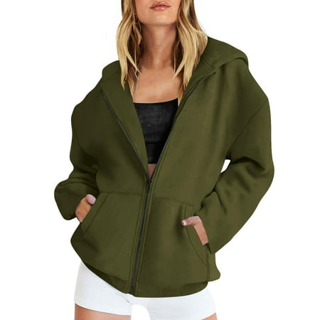 Womens Zip Up Hoodie Womens Casual Long Sleeve Sweatshirt with Pockets Solid Color Hoody Jackets Spring Fall Cardigan Cotton Loose Fit Zipped Sweater Tops 01-army green M