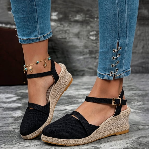 Women Espadrilles Wedge Sandals Closed Pointed Toe Casual Walking Sandal Ladies Slingback Ankle Strap Low Heel Shoes Black 8.5