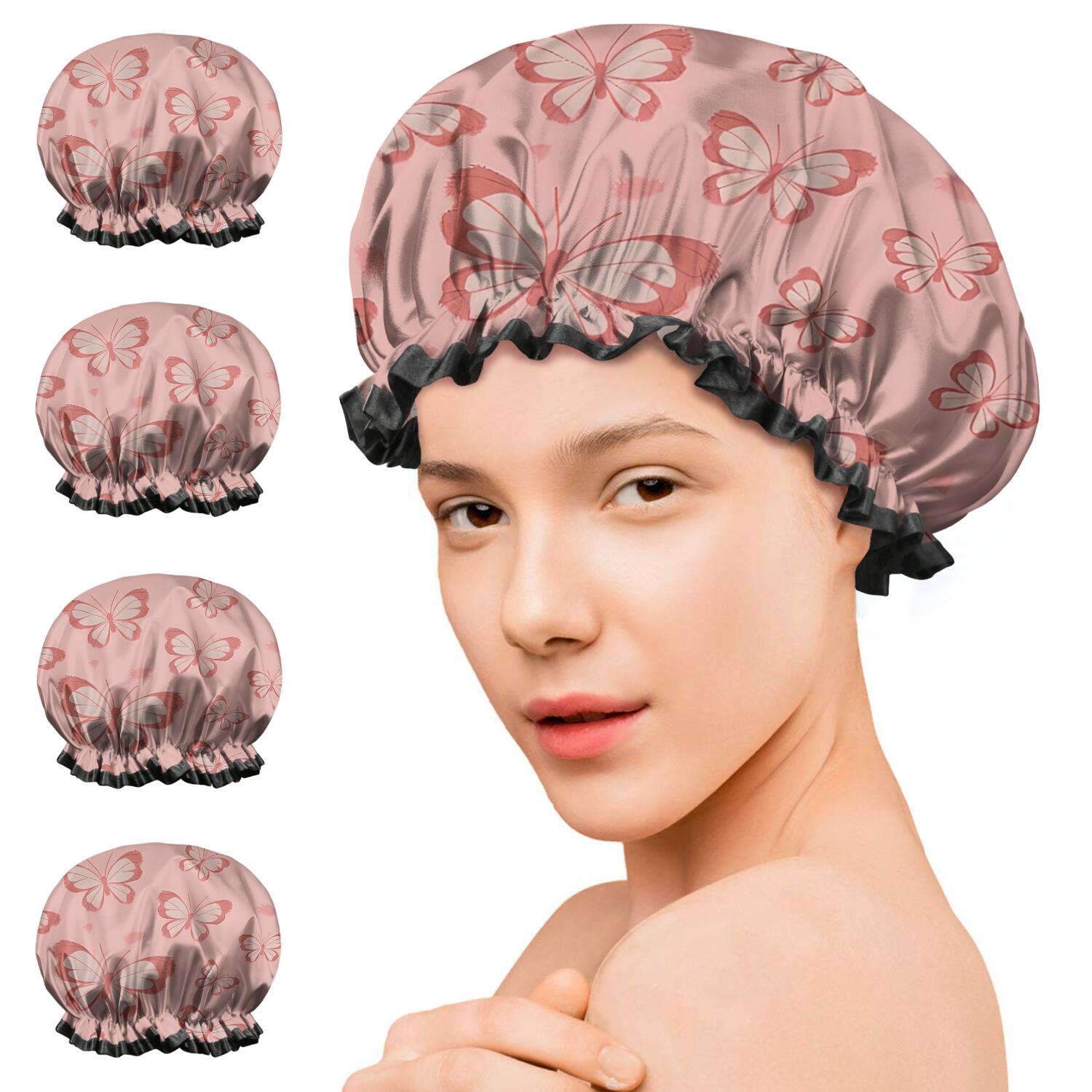 Shower Caps,Pink Butterfly Pattern Waterproof Shower Cap for Women 4 Pieces,Double Reusable Hair Cover for Shower PEVA Elastic Stretch Hem