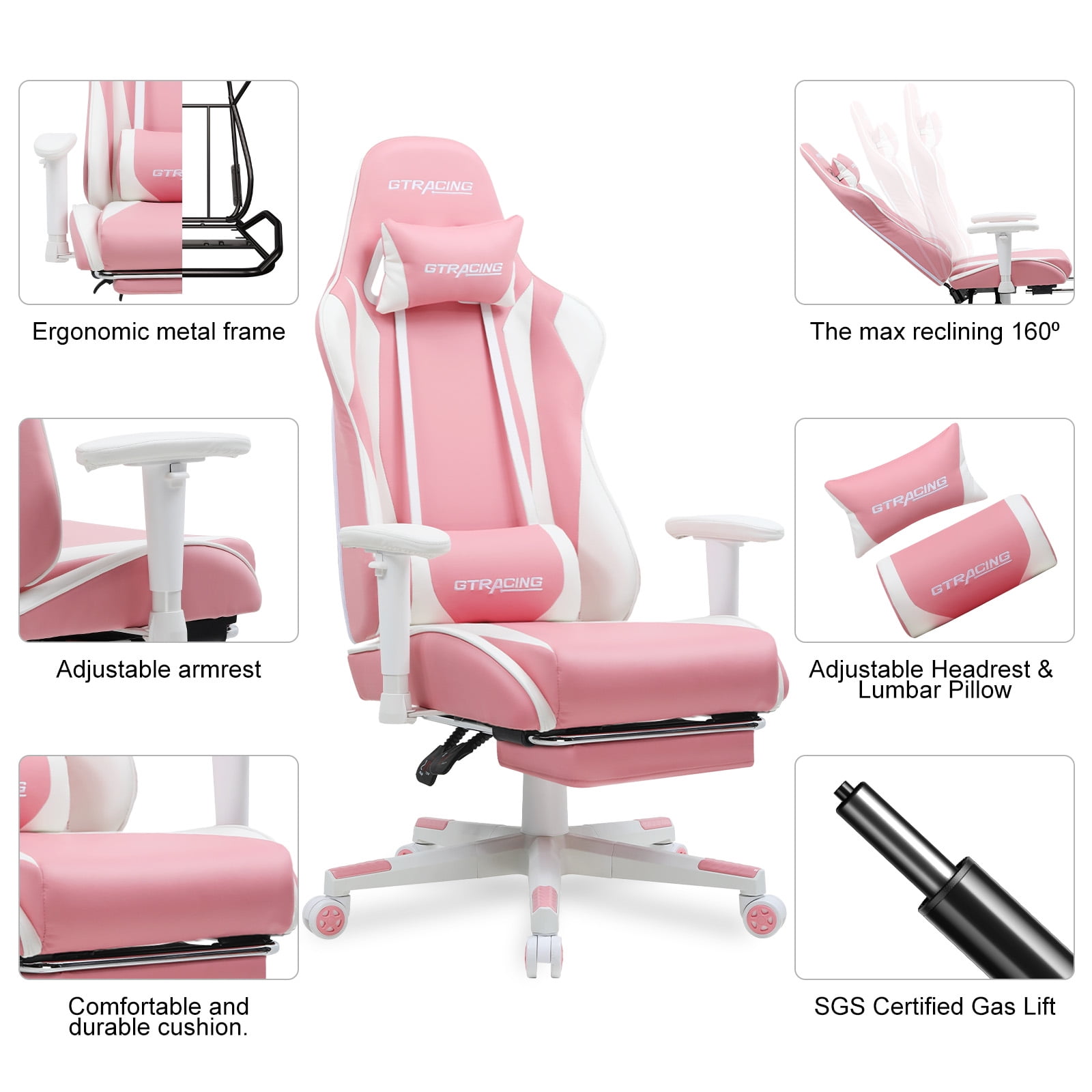 GTRACING Gaming Chair with Footrest Ergonomic Reclining Office Chair Swivel Rocker, Pink