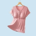 thumbnail image 3 of Ohufall Pajama Tops for Women with Built in Bra Plus Size Solid Casual Short Sleeve Crew Neck Sleep T Shirts Womens Soft Comfy Button Up Loungewear Tees, 3 of 5