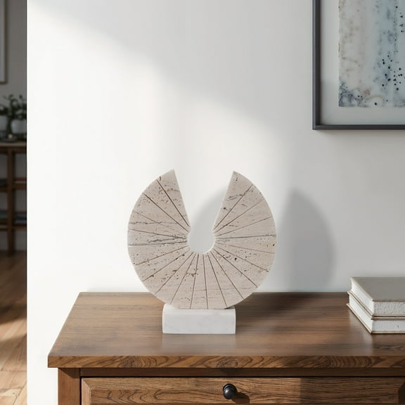 Modern Sculpture Travertine and Marble Geometric Fan Shape Accent for Living Room Bedroom Office Home Decor - 11" Tan