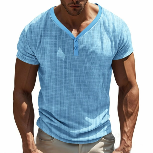 pstuiky camiseta de hombre, Camisa de manga corta con cuello en V y ventilación con botones de color liso para hombre ropa de hombre xl