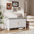 thumbnail image 3 of TOKSOM 39" White Shoe Bench with Padded Seat, Modern Entryway Storage Bench with Doors and Adjustable Shelves, Fluted Design Shoe Organizer Cabinet, P2 Wood Bench for Hallway & Mudroom, 3 of 12