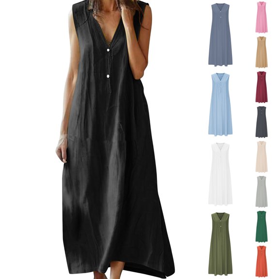 Asxite Summer Dresses for Women Casual Solid Textured V Neck Button Loose Sleeveless Sundress