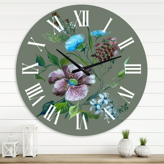 Designart 'Purple And Turquoise Spring Flowers' Traditional Wall Clock