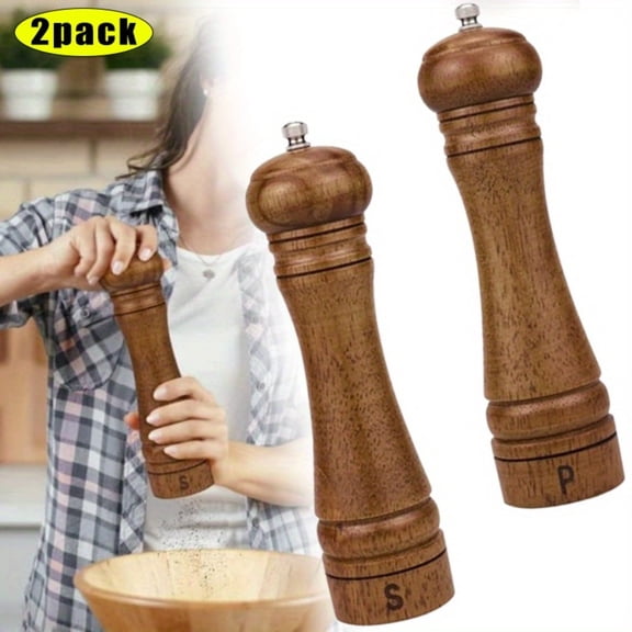 Wood Salt and Pepper Grinder Set, Salt Mill Pepper Grinder Set, Pepper Mill, Salt Shakers with Adjustable Ceramic Rotor- Oak Wood Pepper Grinder for Your Kitchen 8 inches - Pack of 2