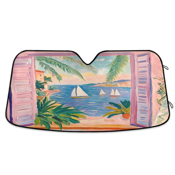 Yayeee Car Windshield Sun Shade Universal Fit Front Visor Protector, Pink Seaside Boat