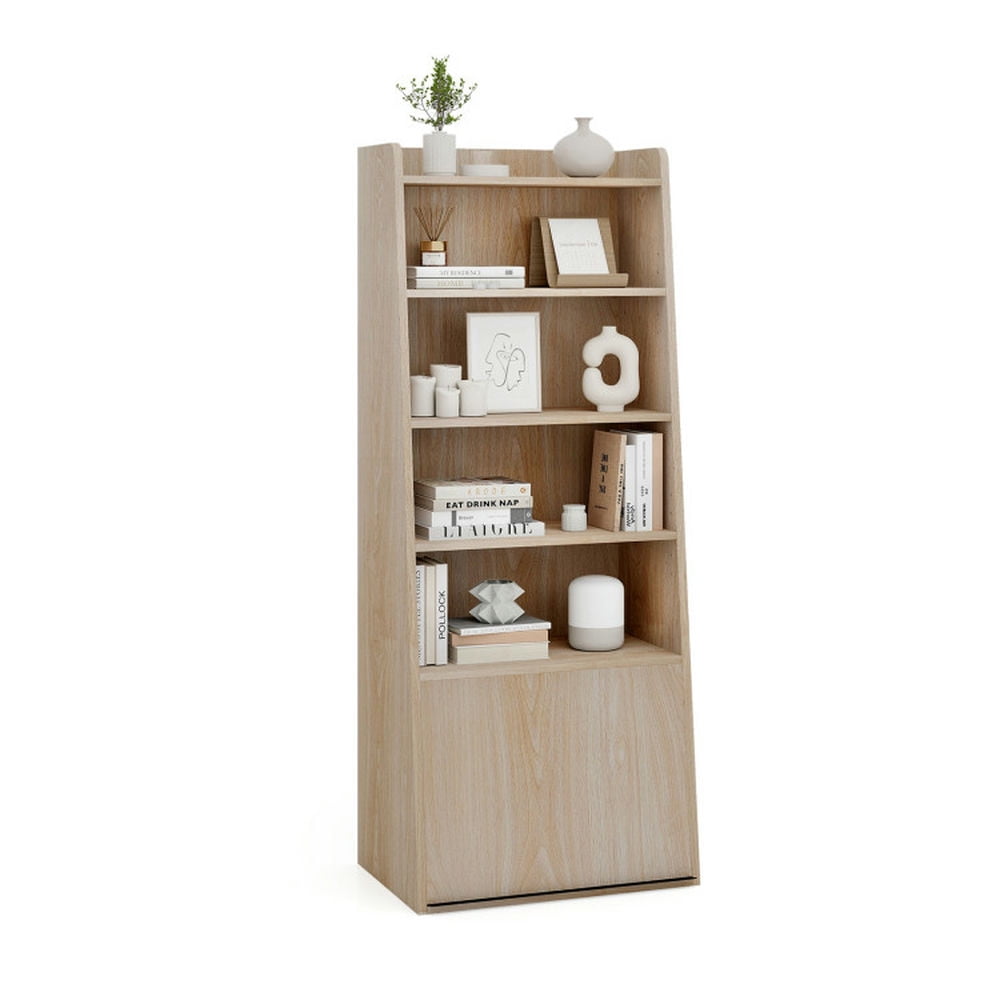 Demi Bonn 6-Tier Bookcase with 2 Adjustable Shelves and Flip Up Door, Freestanding Ladder Bookshelf, Brown