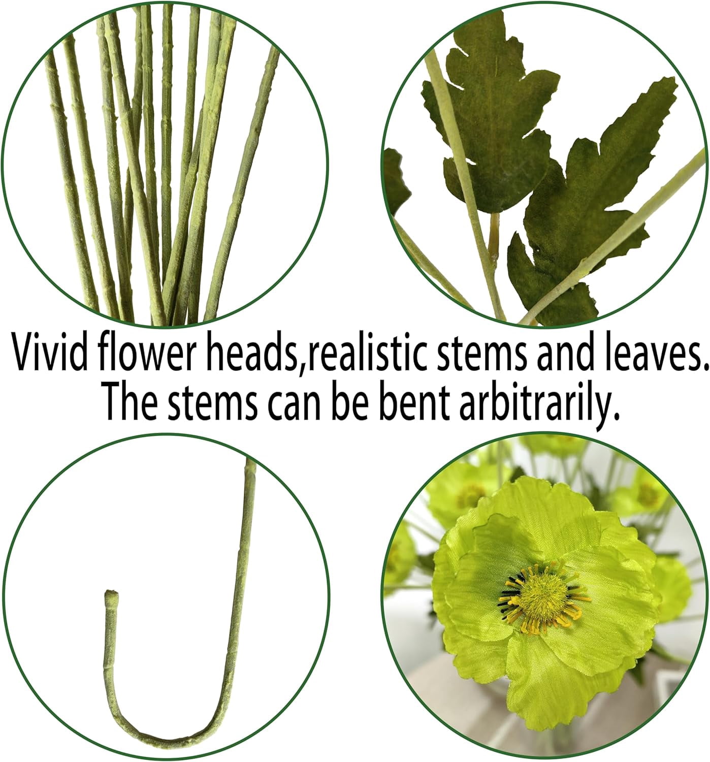 Green Poppy Flowers Artificial Bouquet for Wedding,12 Pcs Fake Faux Silk Poppies Bulk for Home Decor Table Centerpieces Floral Arrangement(23.5‘’, Green)