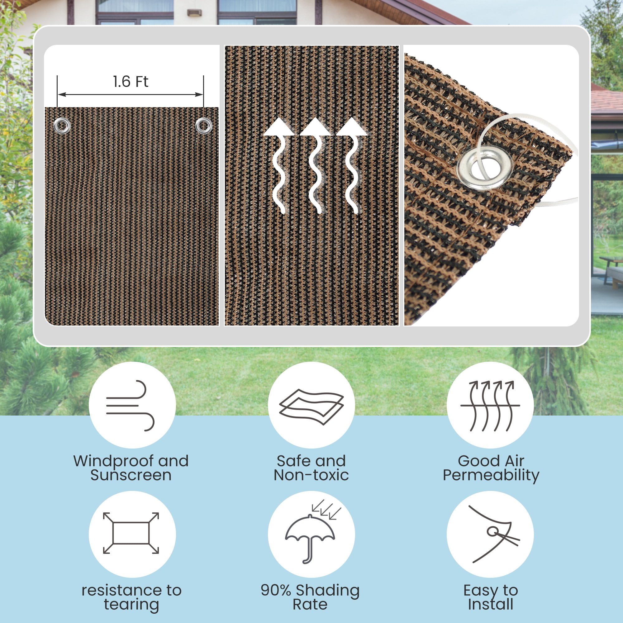 Sun Shade Cloth with 90% UV Protection for Garden, Patio, Deck, and Pergola, Outdoor Sunblock Shade Cloth with Reinforced Grommets, Mocha 6FTx16FT