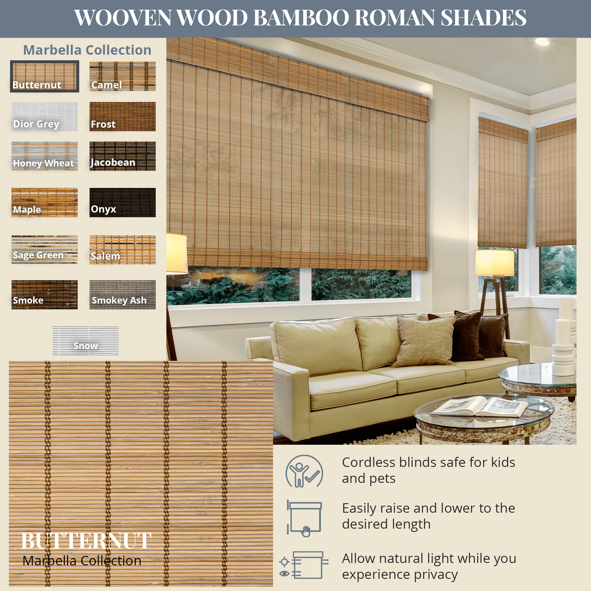 Natural Woven Light Filtering Cordless Bamboo Roman Shades for Windows, 48.5 in. W x 72 in. L, Butternut