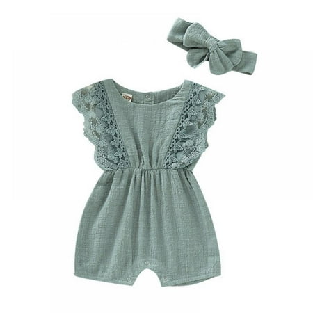 

Final Clear Out! Summer Newborn Toddler Girls Rompers Set Flare Sleeve Solid Print Lace Design Bodysuit Jumpsuit With Headband