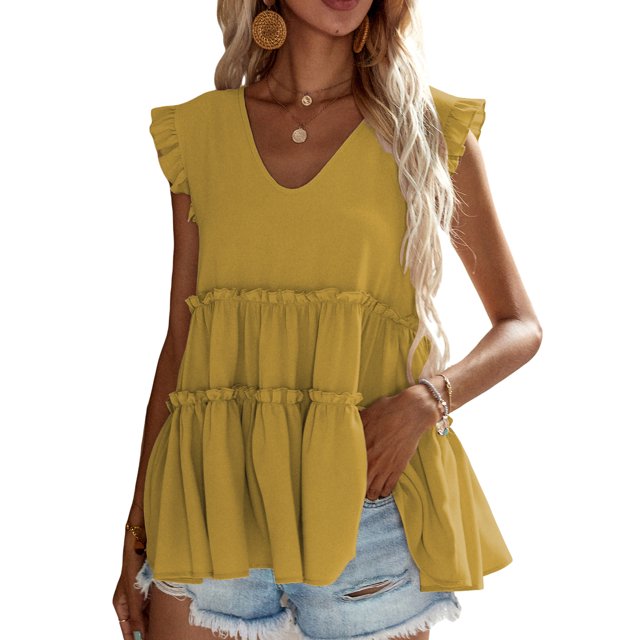 SAYOO - Chaleco holgado con volantes y plisado con cuello en V para mujer, informal, sin mangas, a la moda SAYOO Estilo de ocio