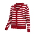 thumbnail image 6 of Fmbrln Womens Lightweight Knitted Cardigans Fashion Casual Long Sleeve V Neck Button Scalloped Edged Open Front Cardigans Soft Comfy Stripe Print Outwear Red 2XL, 6 of 8