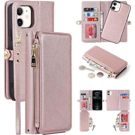 Compatible with iPhone 12 Pro/iPhone 12 Wallet Case,Detachable 2 in 1 Magnetic [9 Card Slots] Removable Wrist Strap Zipper Shockproof Kickstand Multi-Function PU Leather Case,6.1",Rosegold