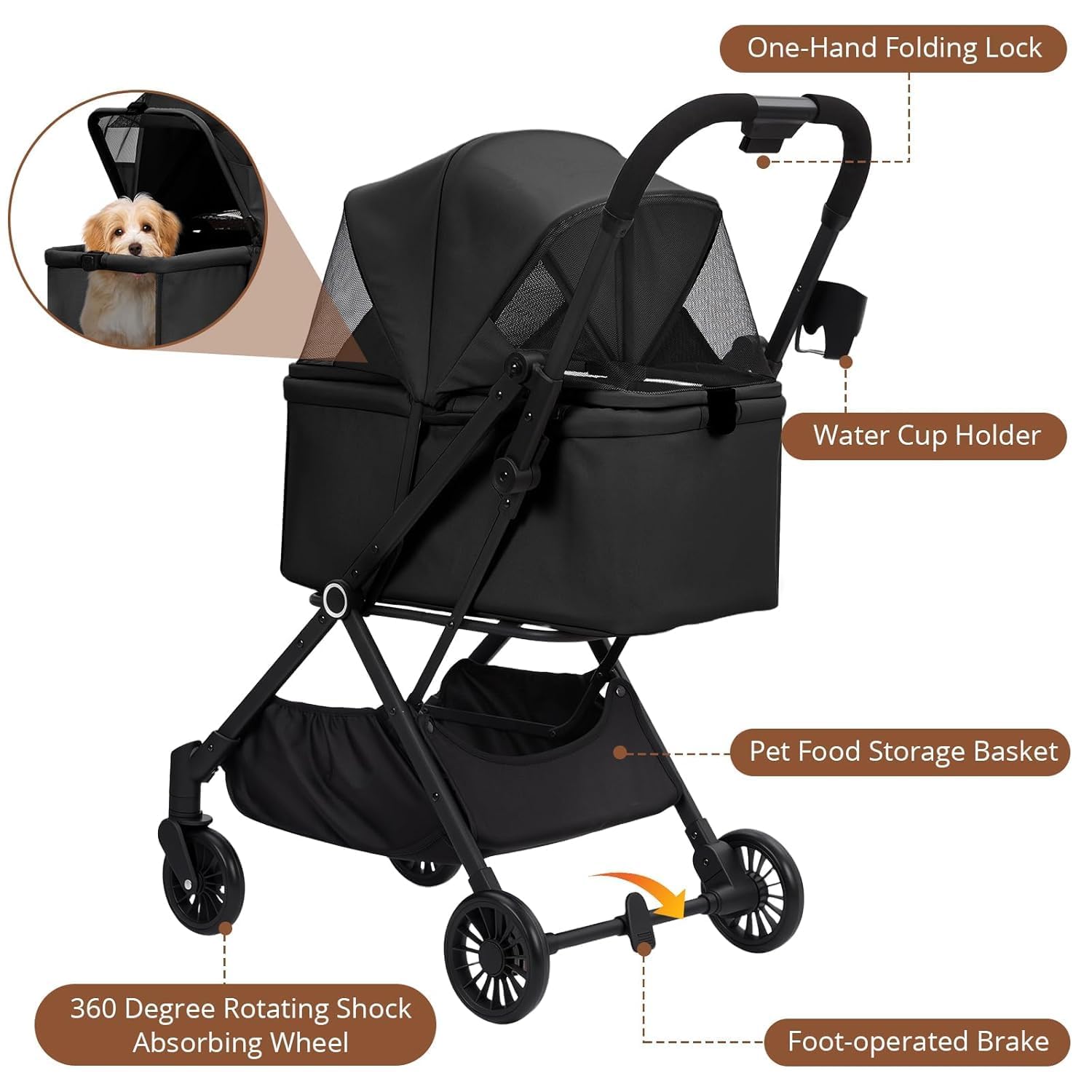 Historyli Dog Stroller-4-Wheel Lightweight Foldable Pet Stroller-50 LBS Capacity,360-Degree Swivel Front Wheels & Foot Brake,Portable Pet Carrier for Small Medium Dogs Cats Puppy