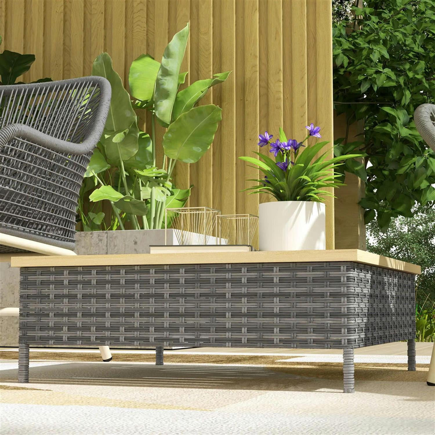 Demi Bonn 27" Rattan Side Table with Natural Fir Wood Top End Table, Weatherproof Outdoor Accent Table for Patio, Deck, Poolside, Gray