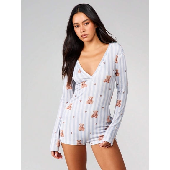 Multicolor Teddy Bear Print Striped Long Sleeve V-Neck Romper For Women Cute Sleepwear Loungewear