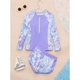 thumbnail image 3 of CHICTRY Kids Girls 2-Piece Rash Guard Long Sleeve Zipper Swim Tops with Shorts Wave Striped Printed Swimsuit Lavender 10Y, 3 of 7