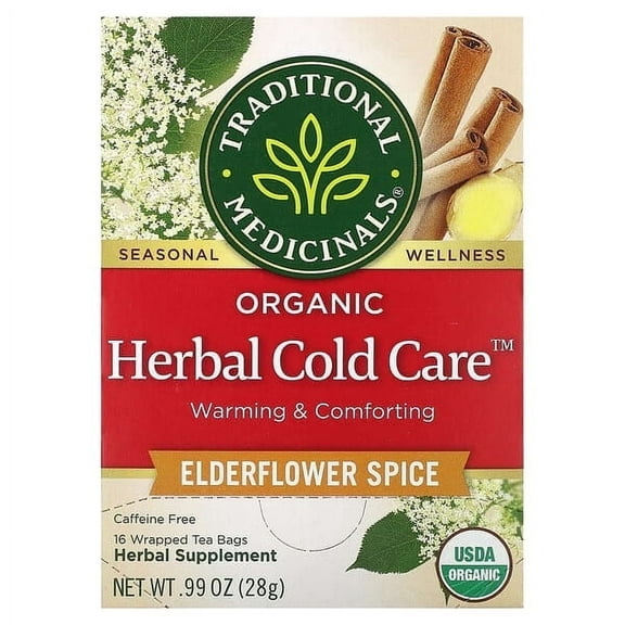 Traditional Medicinals, Organic Herbal Cold Care, Elderflower Spice, Caffeine Free, 16 Wrapped Tea Bags, 0.6 oz (1.75 g) Pack of 2