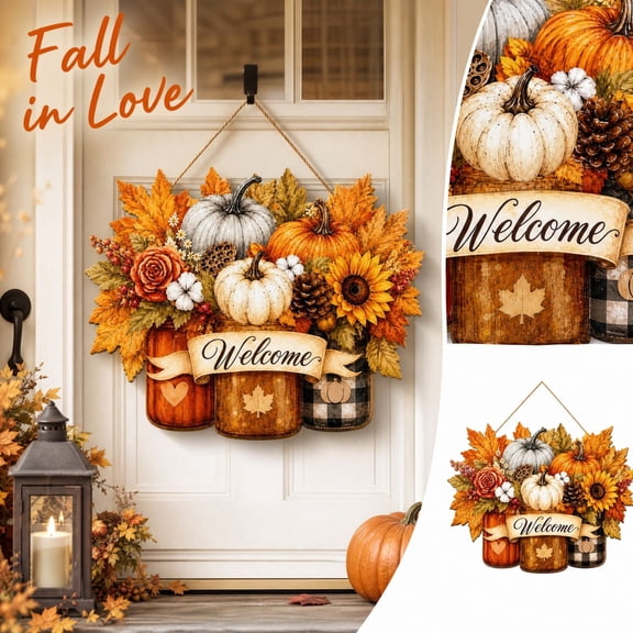 Rustic Farmhouse Fall Front Door Decor with Pumpkin and Sunflower Design, Autumn Welcome Sign for Porch, Thanksgiving Outdoor Hanging Decorations