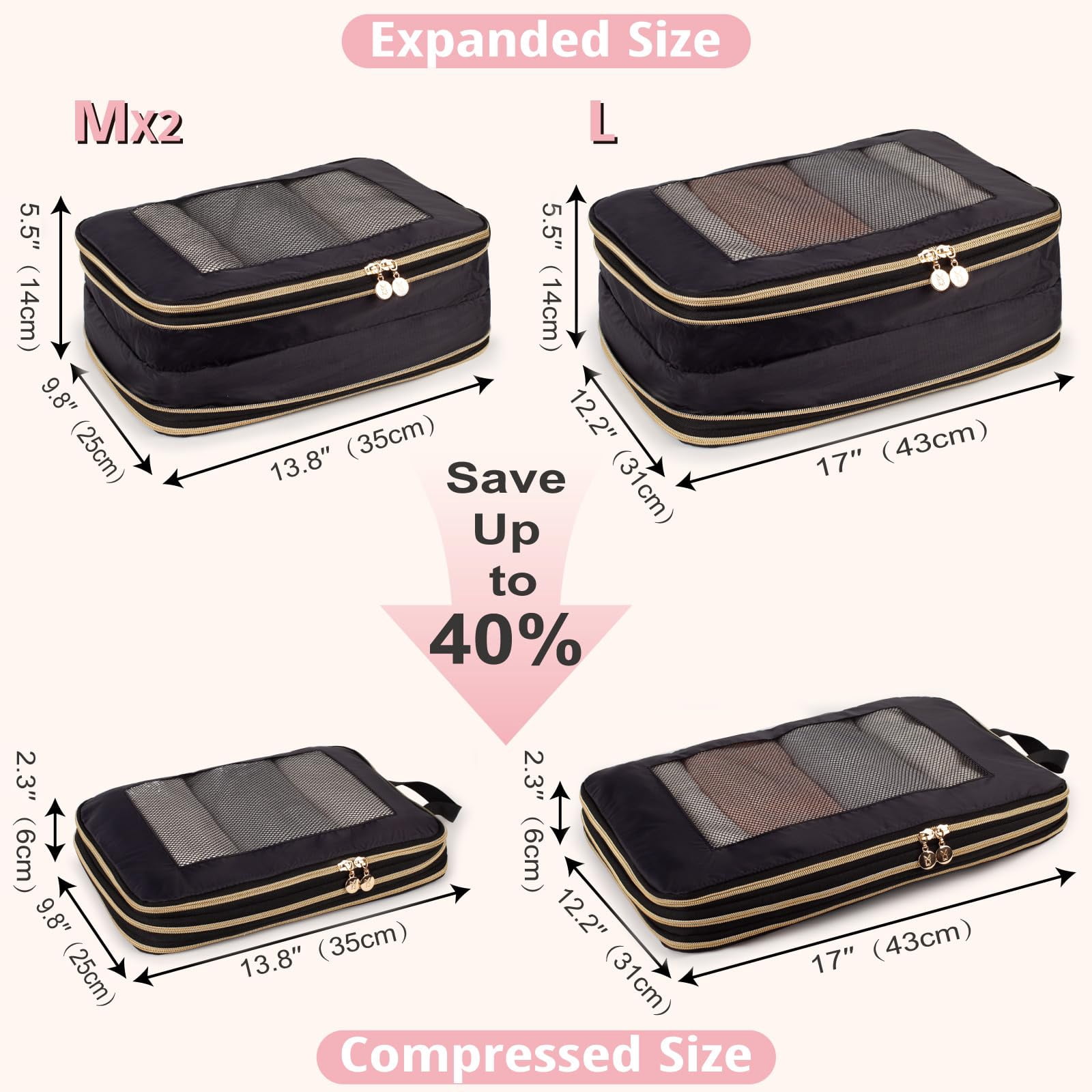 TRIPGEAR 3‑Set Double‑Deck Compression Packing Cubes, Lightweight Travel Luggage Organizer