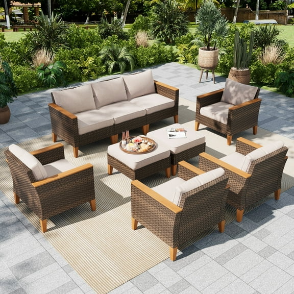 Sophia & William 9 Pieces Wicker Outdoor Conversation Set Patio Furniture Sectionals with Beige Cushions