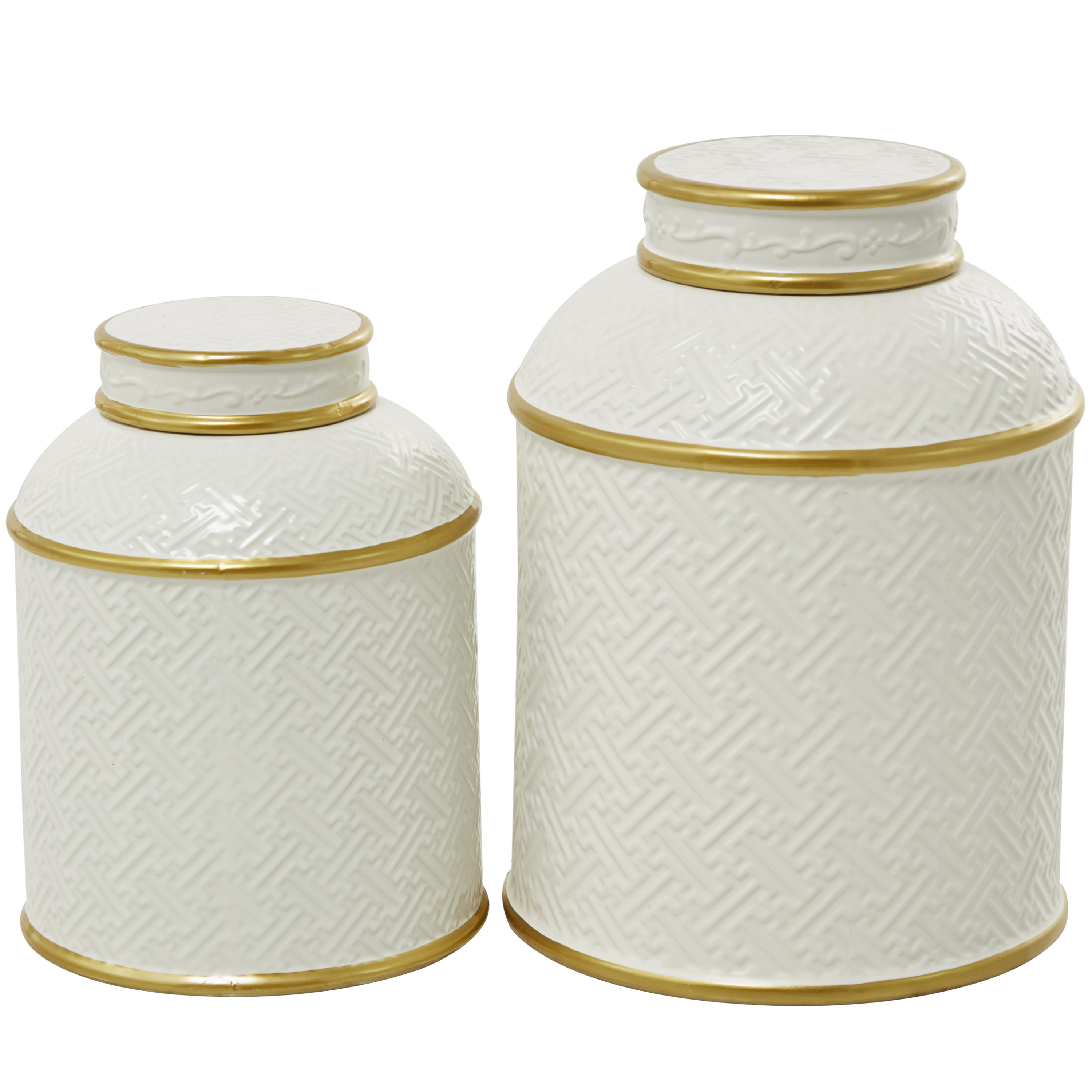 DecMode 10"W, 8"H White Ceramic Decorative Jars with Gold Accents, 2-Pieces