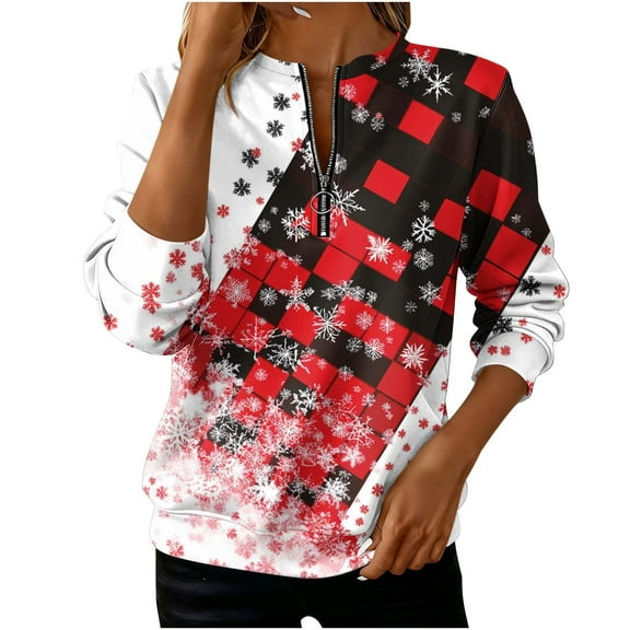 Christmas Sweatshirt Womens Quarter Zip Shirts Crewneck Shirts Santa Claus Graphic Sweatshirt Xmas Novelty Pullover Christmas Tree Clothing Tops