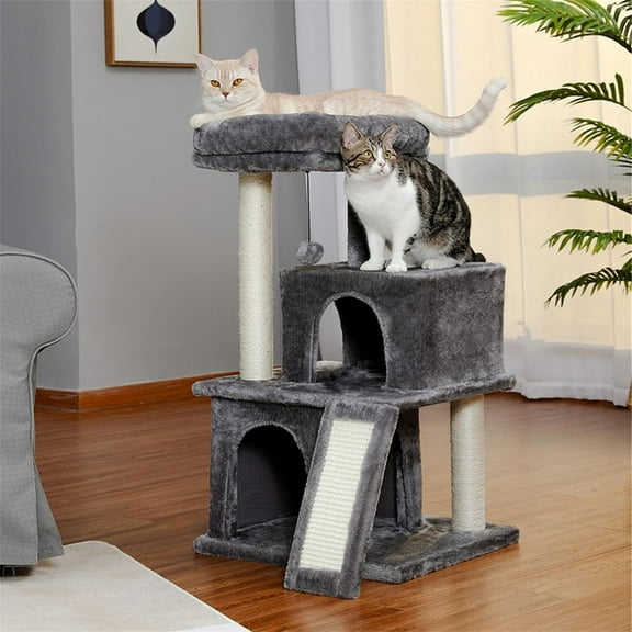 Pefilos 33" Modern Cat Tree for Adult Cats With Double Condos Spacious Perch Sisal Scratching Posts Cat Tower for Indoor Cats Climbing Ladder and Replaceable Dangling Balls, Gray