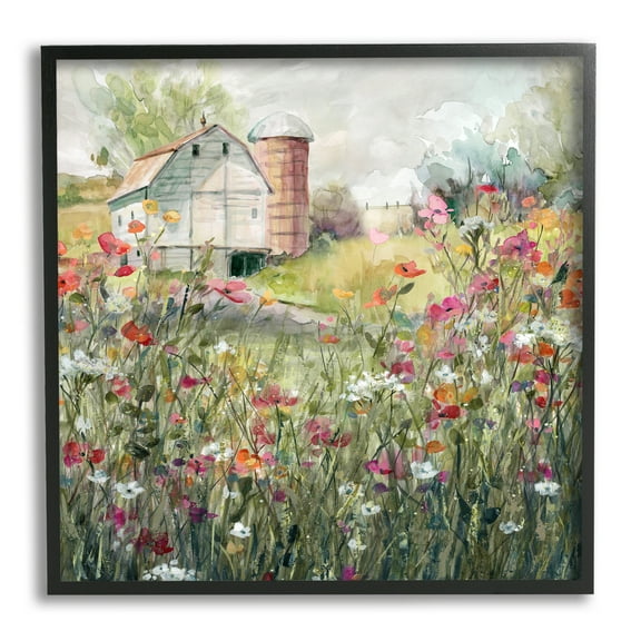 Stupell Industries Vibrant Flower Blossoms Surrounding Rural Barn Nature Painting Black Framed Art Print Wall Art, Design by Carol Robinson