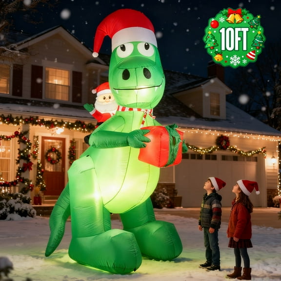 SANMADROLA 10ft Tall Christmas Inflatables Decorations with LED, Santa Ride on Dinosaur Lighted Blow Up Giant Yard Outdoor Decorations Inflatable Decor for Xmas Holiday Garden Lawn Party Décor