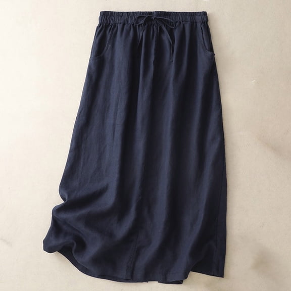 Skirts for Women High-waisted Cotton Linen Half Length Skirt for Women 1-Navy M