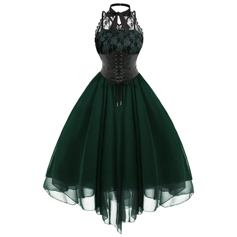 YWDJ Fall Wedding Guest Dresses Women Fashion Gothic Style Banquet Festival  Dress Lace Vintage Dress Chiffon Dress Green XL