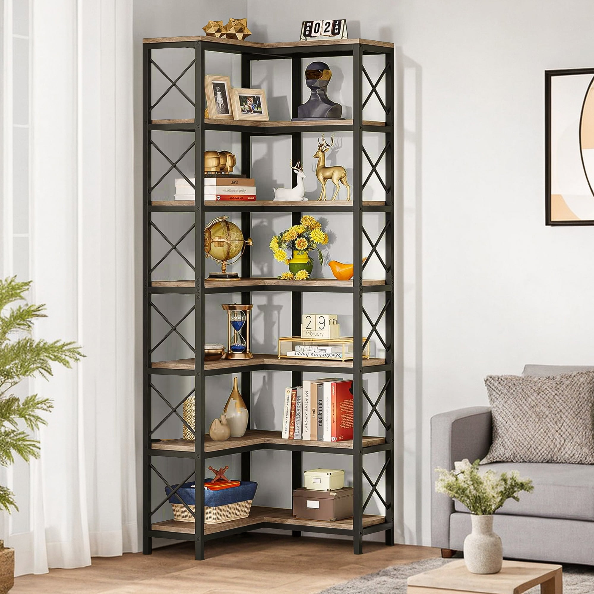 Demi Bonn 7 Tier Corner Bookshelf, Bookshelves, Open Etagere Bookcase Shelf Storage Organizer, Storage Shelving Unit for Bedroom, Living Room and Home Office, Gray