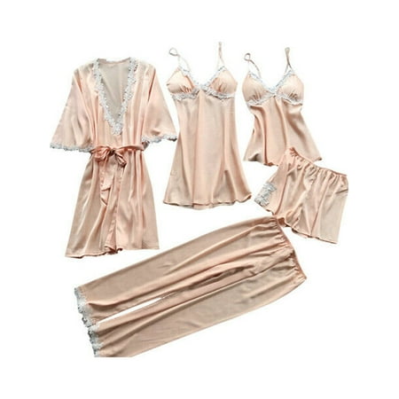 

luethbiezx 5pcs Women s Lingerie Lace Silk Babydoll Robe Nightwear Nightdress Pants Bathrobe Gown Pajamas Set