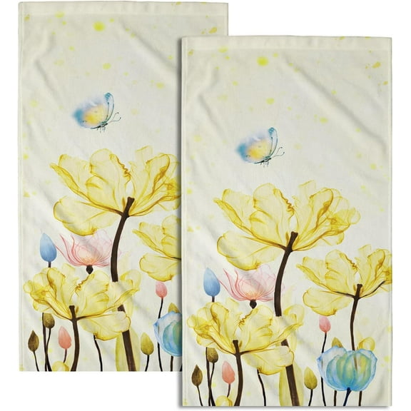 Yellow Floral Hand Towels Set of 2 Modern Flower Fingertip Towel Decorative Soft Washcloth Guest Towel for Bathroom Spa Gym Sport Hotel