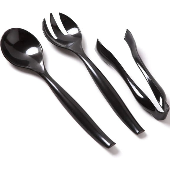 VeZee's Plastic Serving Utensils, Black Heavy Duty Disposable utensil | Pcs 10" Spoons 10" Forks 6" Tongs | 3 Each in One Set| 36 Pcs